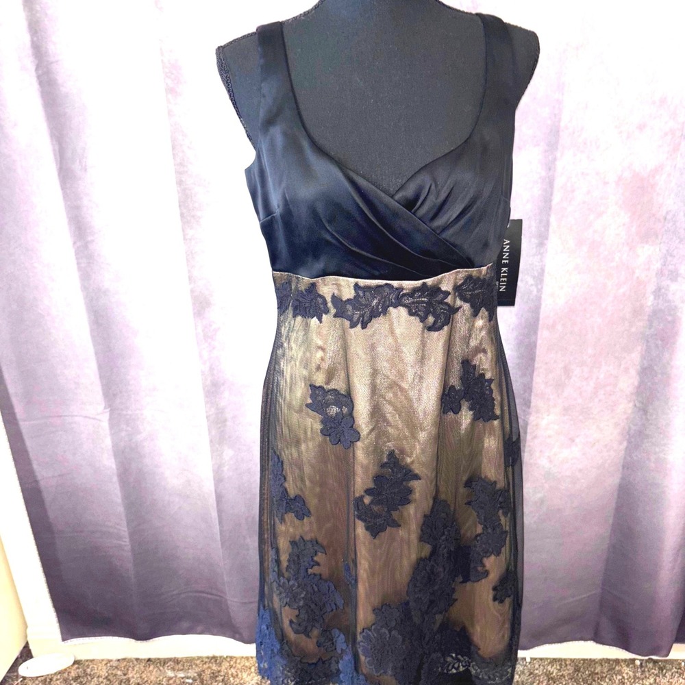 Vintage 90s NWT $218 Anne Klein Silk Dress Size 8 Black Nude Lace Whimsigoth LBD